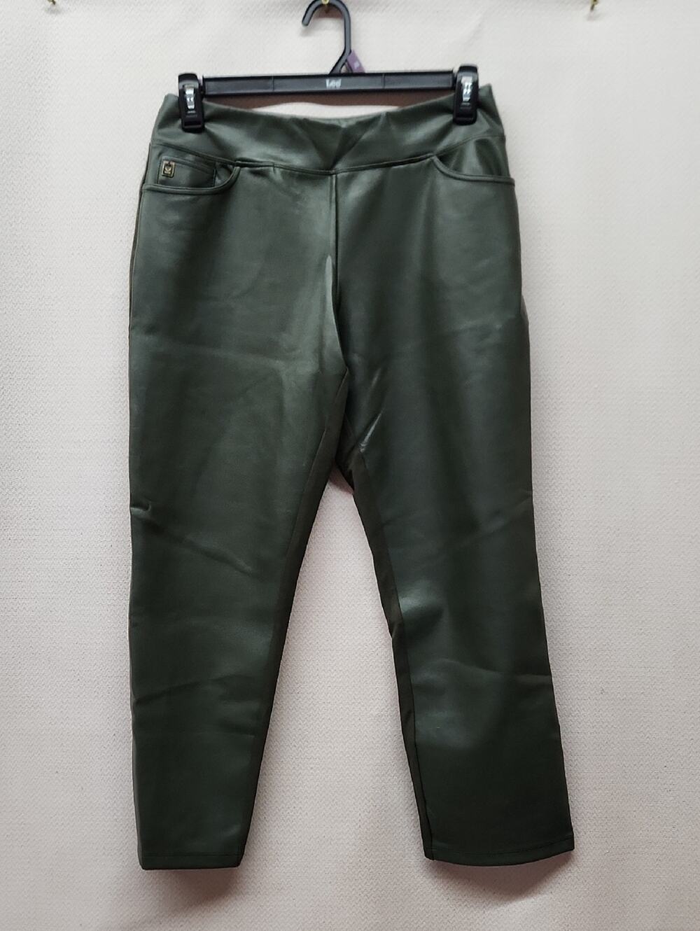 Women's Olive Green Faux Leather Trousers - Sleek Pull-On Style